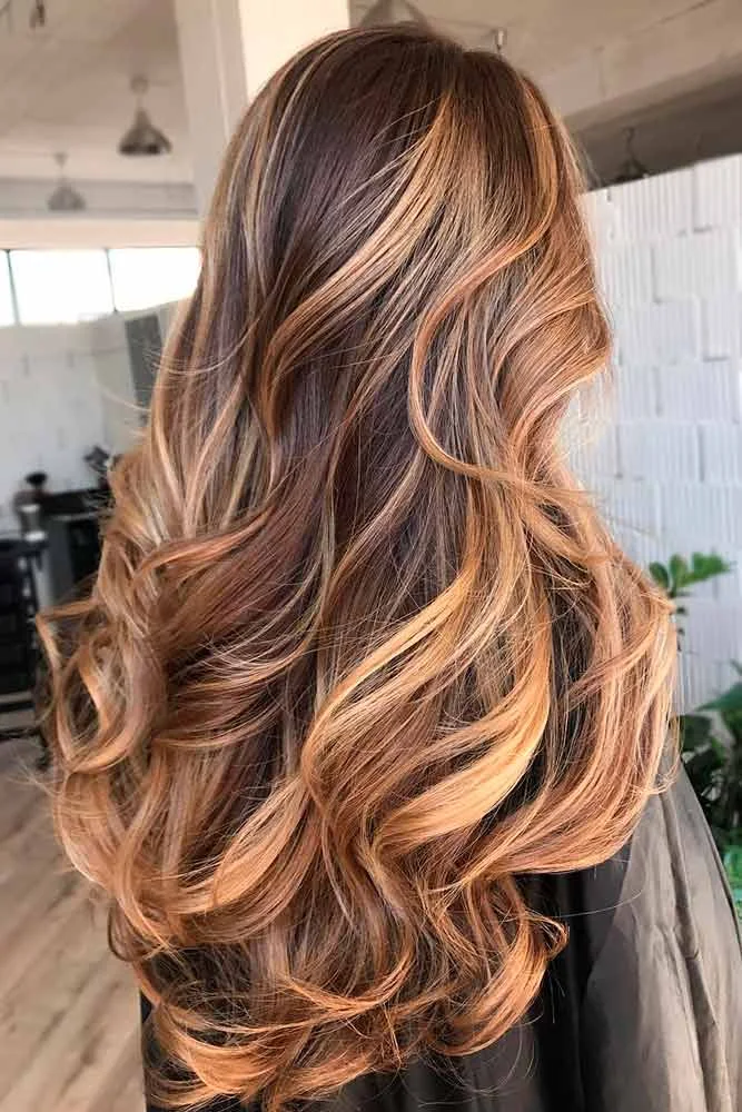 Back-side view of long brown waves with bright caramel ribbons