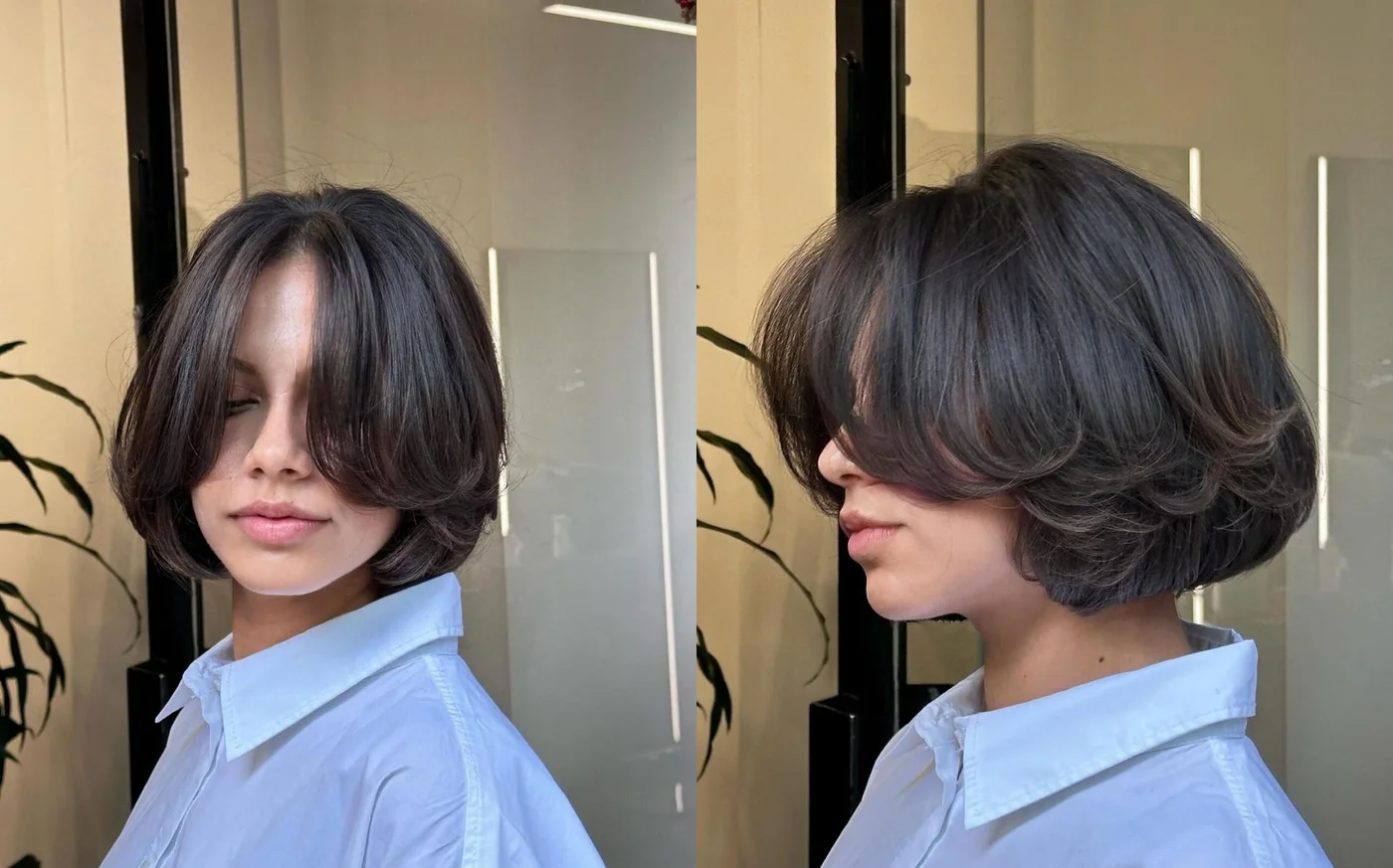 Dark lob haircut with curtain bangs and soft shoulder length shape for thin hair