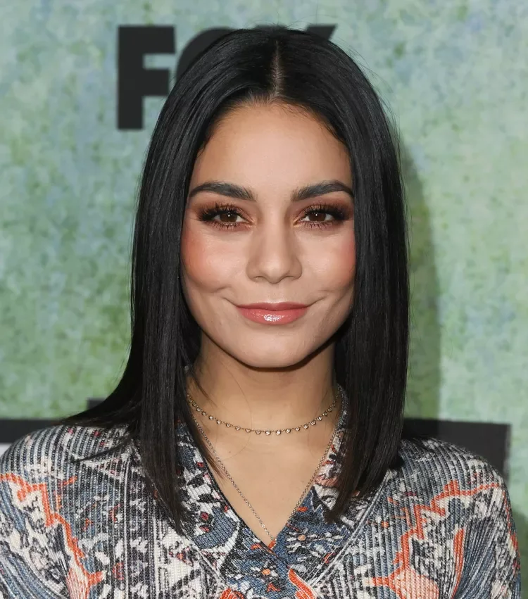 Glossy black lob haircut with a center part for thin hair
