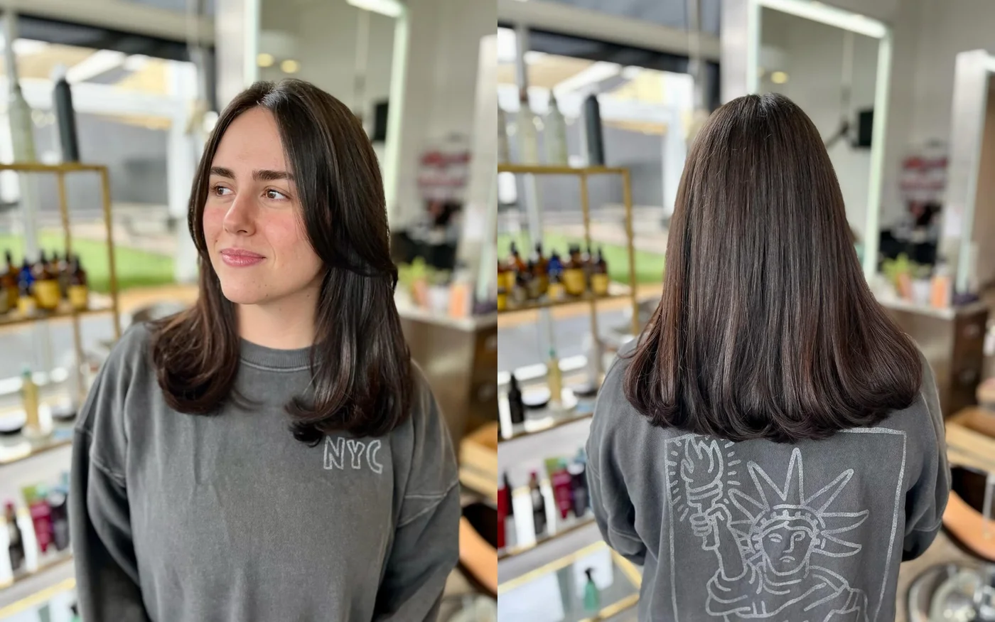 Simple brunette lob haircut with soft shoulder length ends for thin hair