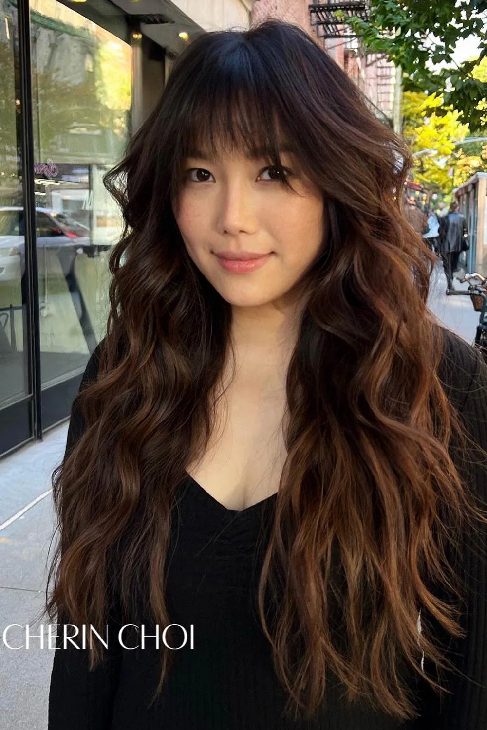 Front view of long brown waves with a soft full fringe