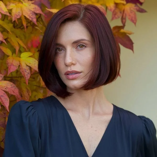 chin straight chestnut bob shown as a low maintenance haircuts for fine hair idea