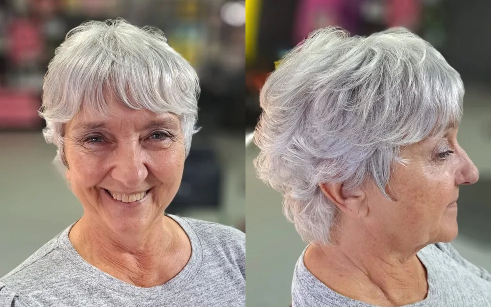 A short white tapered crop shown from the front and side with soft volume through the top.