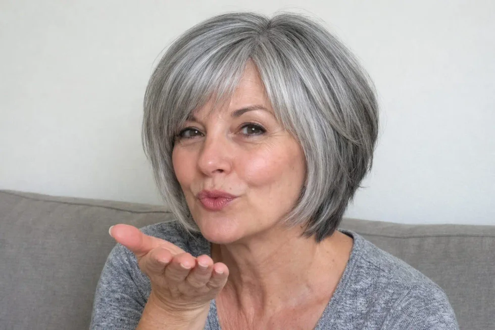 chin straight silver bob shown as a low maintenance hairstyles for 60 year old woman with fine hair idea, featuring volume through the low volume