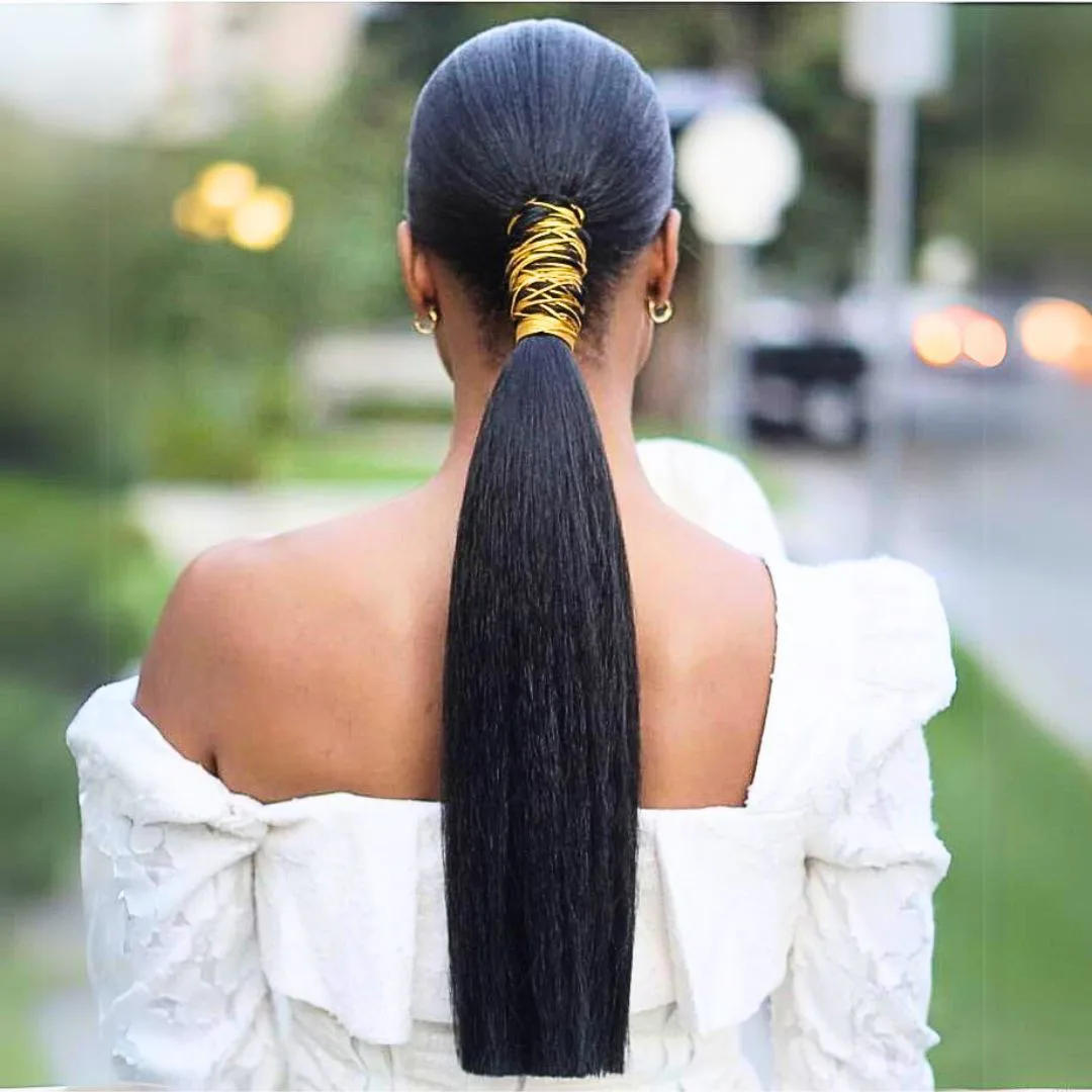 chest straight black ponytail shown as a low ponytail hairstyles idea
