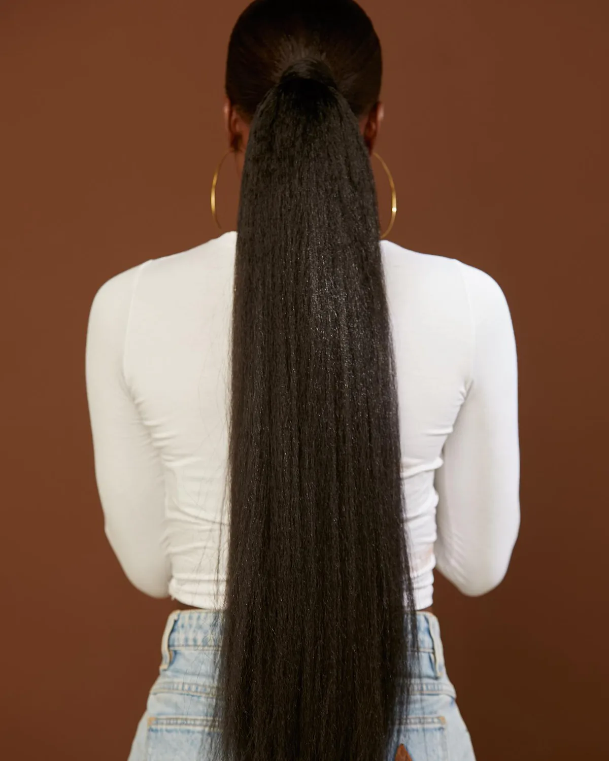 chest straight black ponytail shown as a low ponytail hairstyles idea, featuring glossy finish