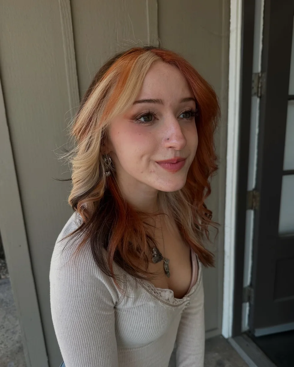Copper medium haircut with face-framing layers for thick hair
