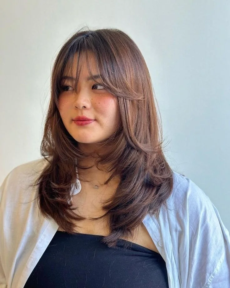 Full brunette medium haircut with face-framing layers for thick hair