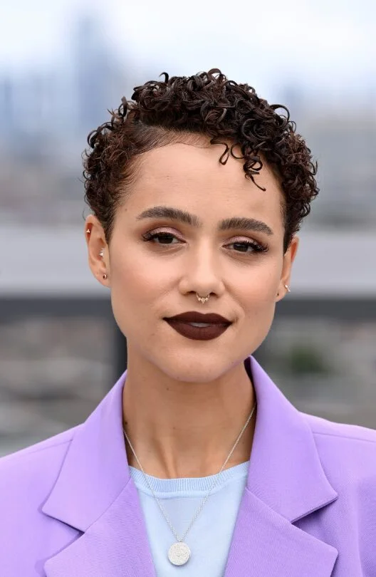 ear curly black curly style with curly fringe fringe shown as a messy pixie cut with bangs idea