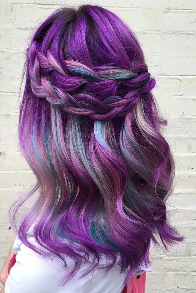 Back view of purple and teal hair with a broad braided half-up band