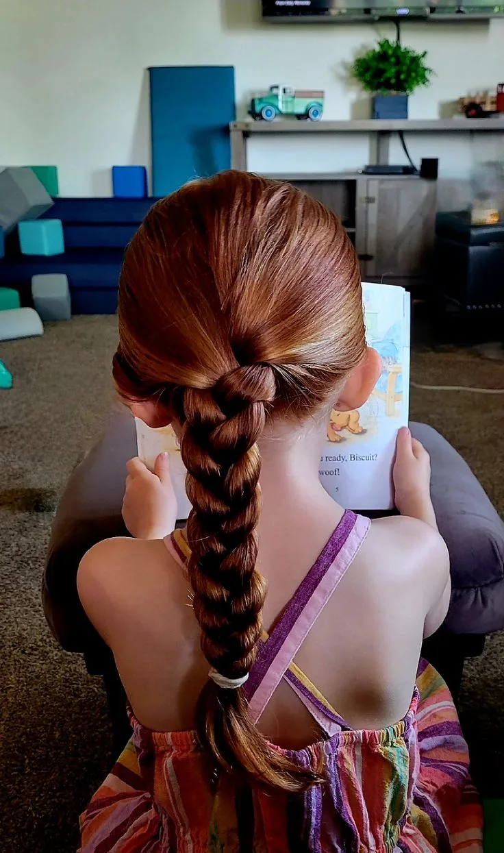 chest straight brunette french shown as a school hairstyles idea, featuring sleek finish, shown in bright accent braids