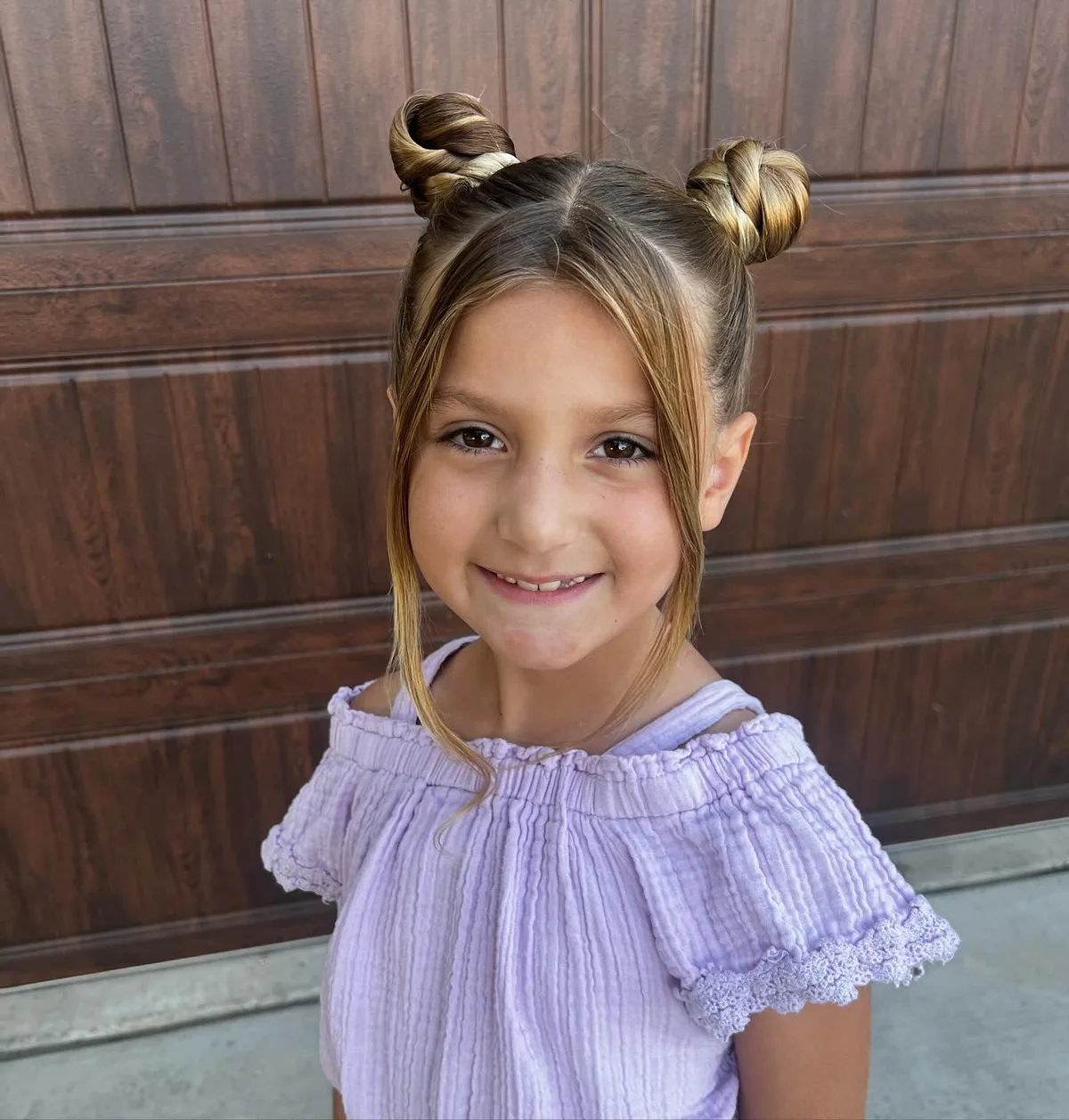 shoulder straight chestnut space buns shown as a school hairstyles idea, featuring shoulder outline