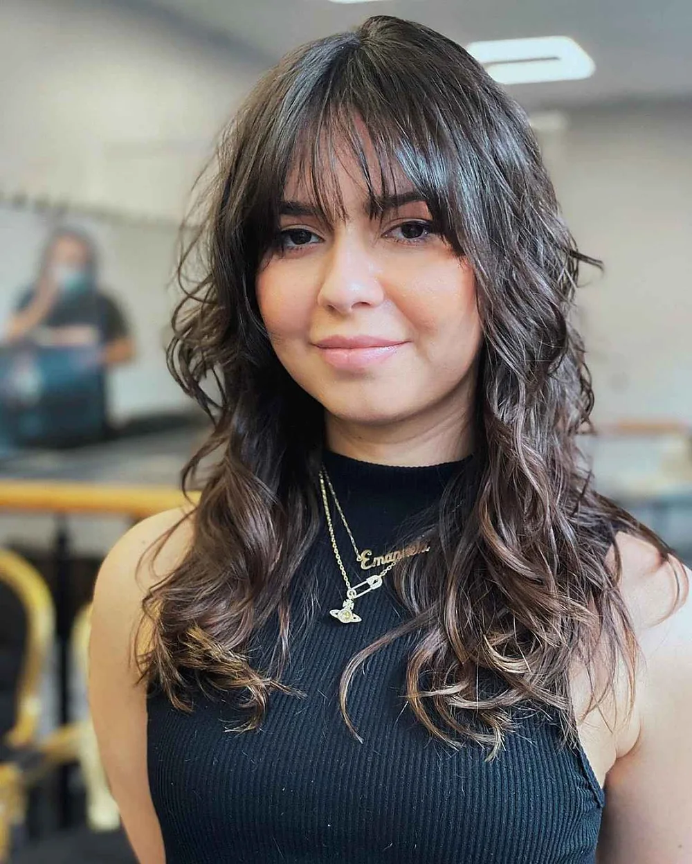 shoulder wavy chestnut shag with curtain fringe shown as a shag hairstyles for medium length thin fine hair idea