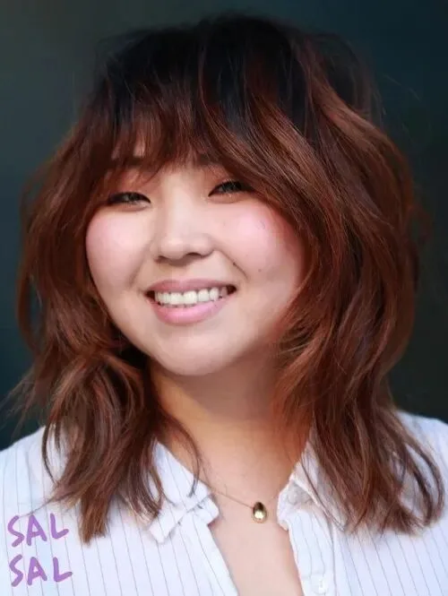 shoulder wavy chestnut shag with curtain fringe shown as a shag hairstyles for medium length thin fine hair idea, featuring volume through the all over