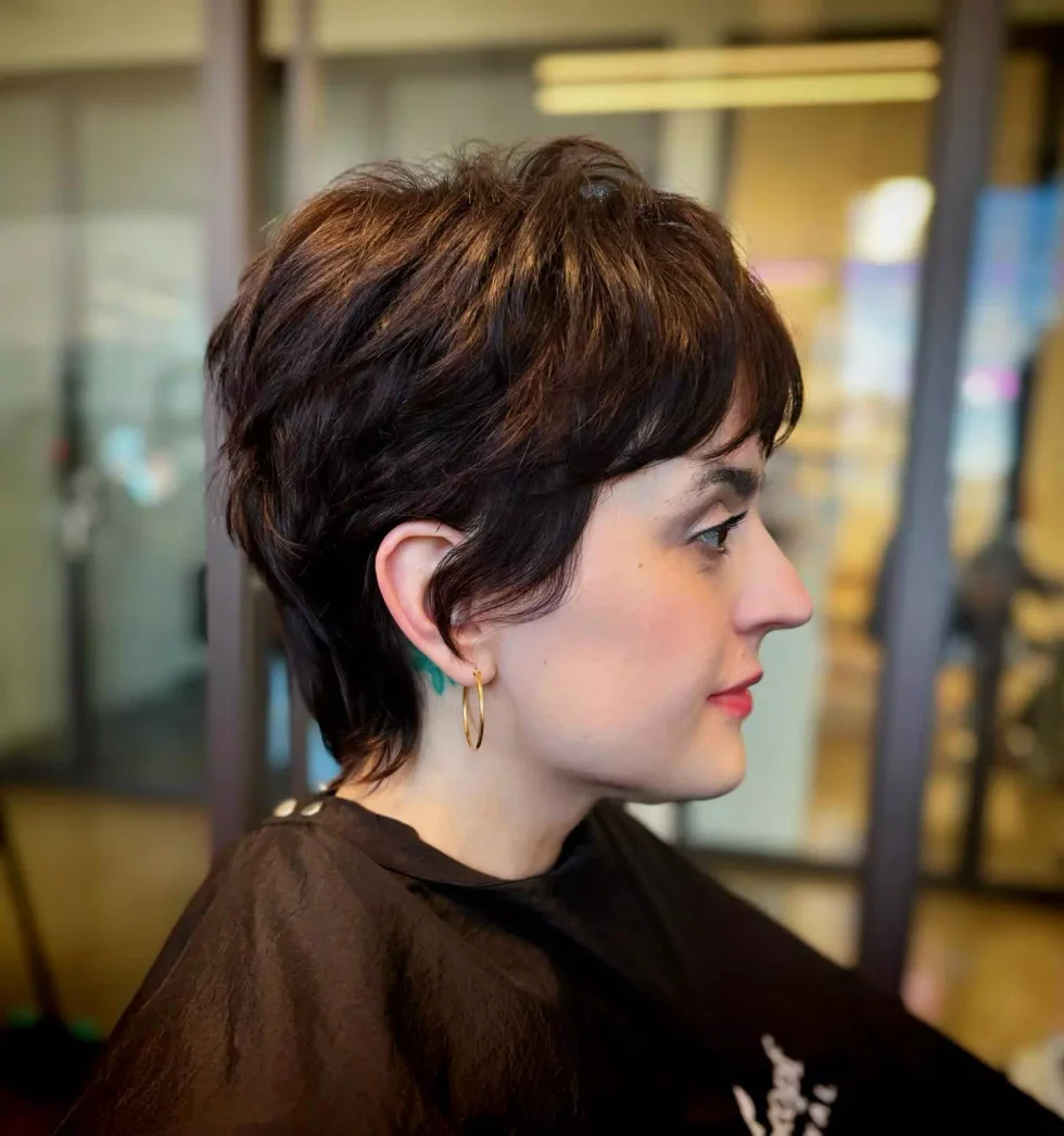 shoulder wavy chestnut shag with curtain fringe shown as a shag pixie hairstyles thin fine hair idea, featuring heavy layering