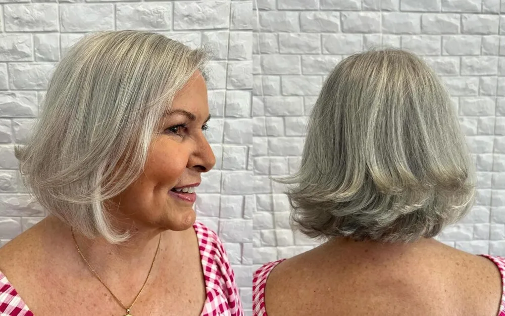 neck wavy silver bob shown as a shaggy bob for older women idea, featuring side part