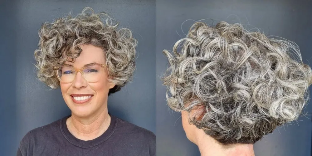 neck curly silver curly style shown as a shaggy bob for older women idea, featuring center part