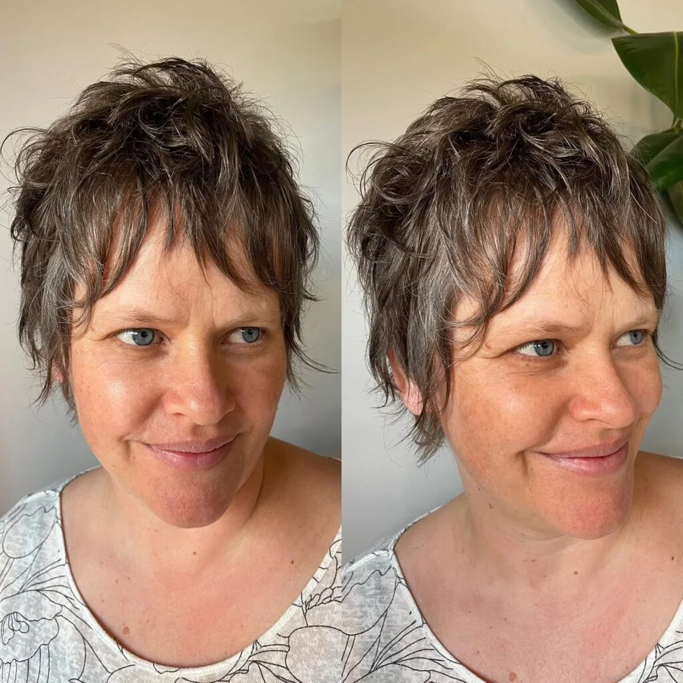 Piecey brunette pixie haircut with short textured layers