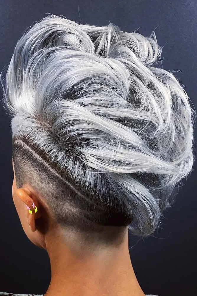Back-side view of a silver crop with a lifted top and shaved side stripe