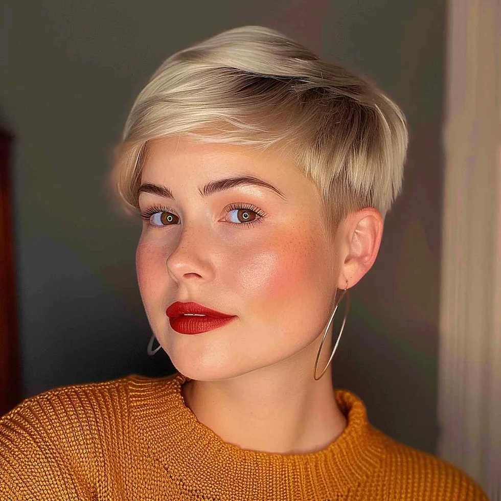 blonde pixie with a deep side part, longer top, and neatly cropped sides on a round face with thin hair