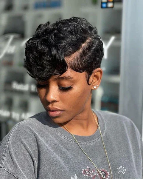 Short black finger wave pixie cut with glossy side waves