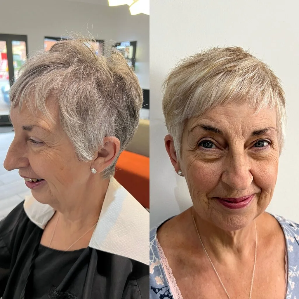 Soft gray short pixie haircut for an older woman shown from the side