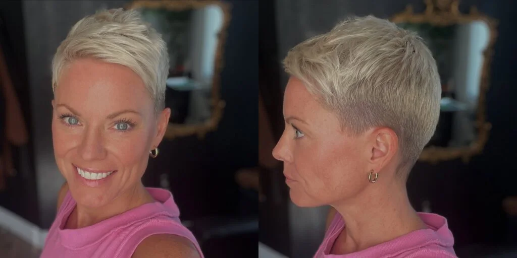 Platinum close short pixie haircut for an older woman with cropped sides