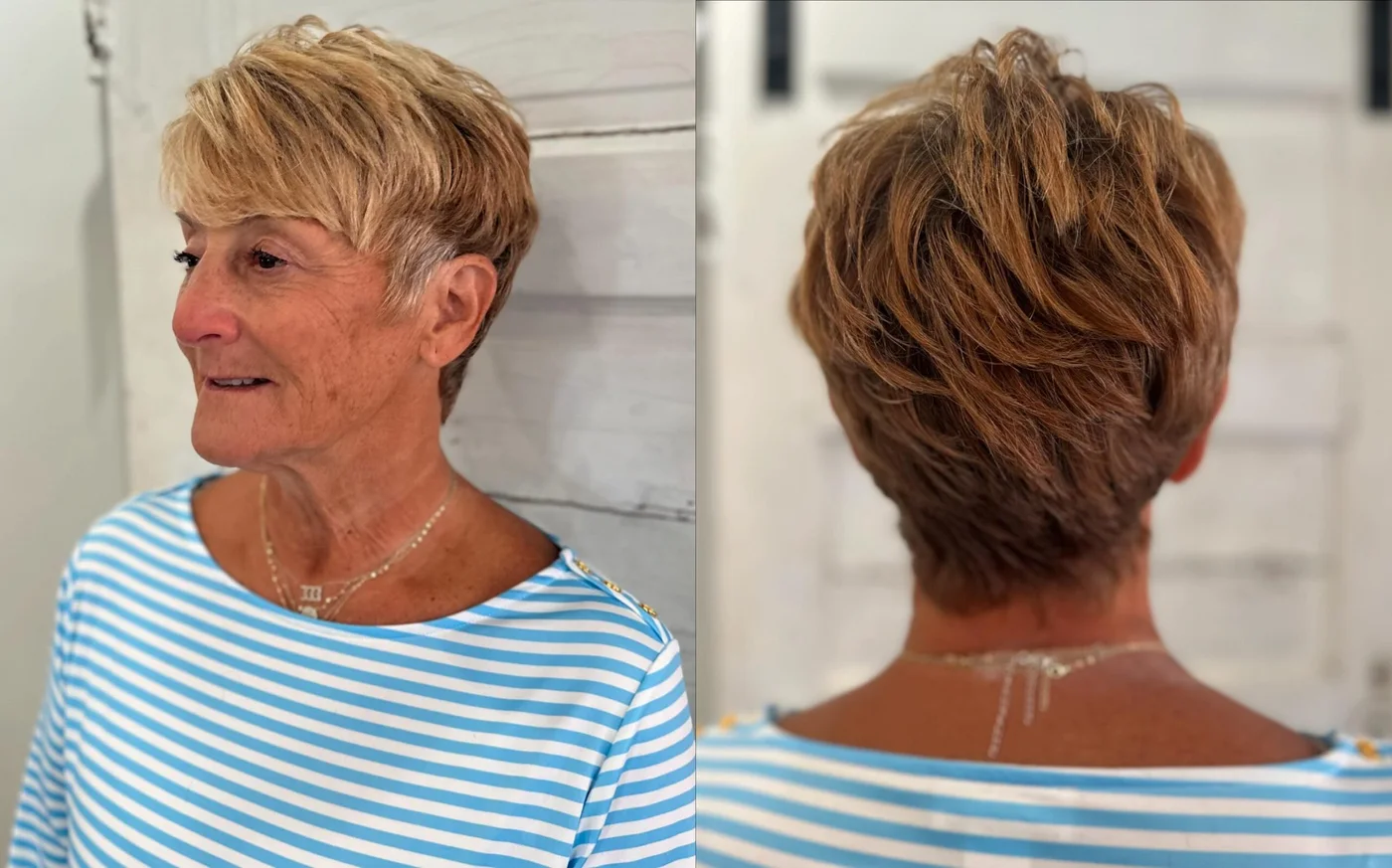 Back view of a brunette short pixie haircut for an older woman