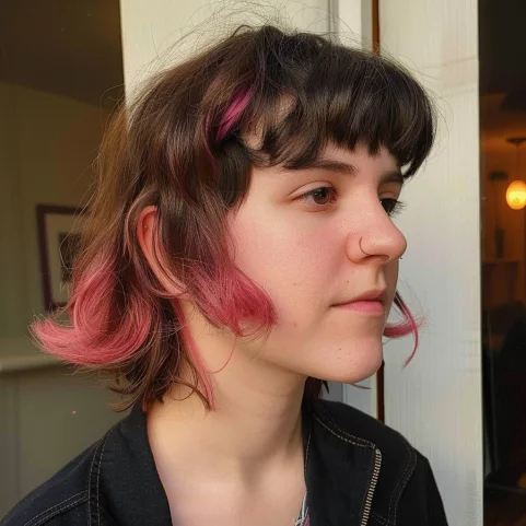 chin wavy copper color with micro fringe shown as a short shaggy hair idea