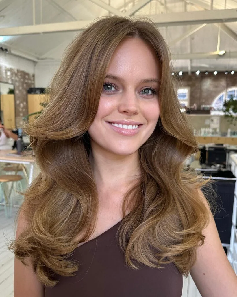Face-framing shoulder length blowout layers for thin fine hair with soft volume