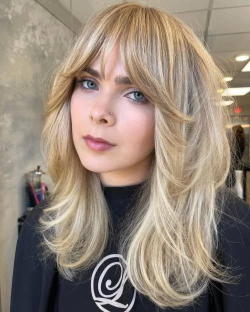 Feathered blonde shoulder length lob for thin fine hair with wispy bangs