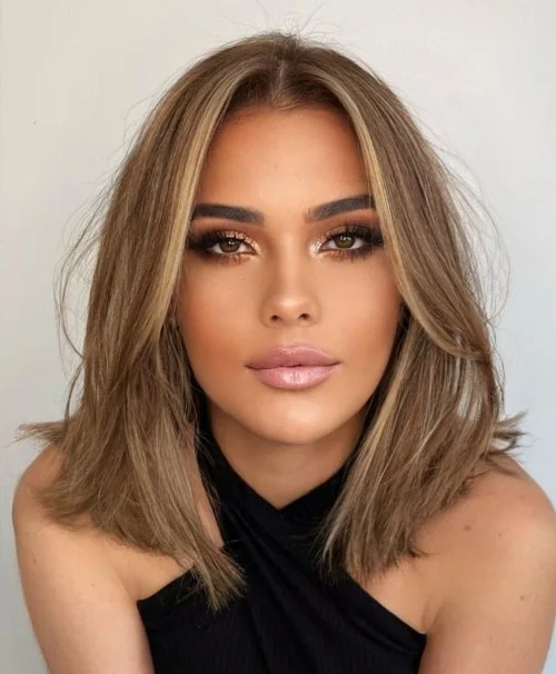Textured bronde shoulder length lob for thin fine hair with soft tousled volume