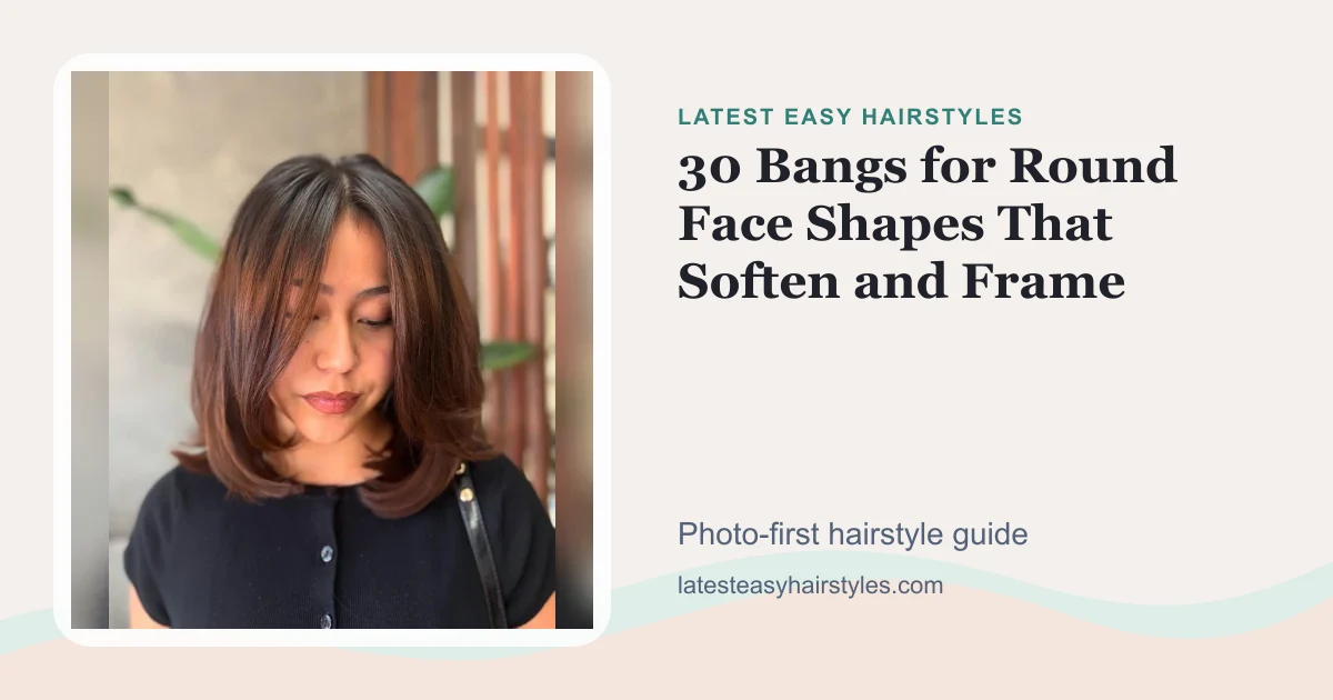 30 Bangs for Round Face Shapes That Soften and Frame social preview with a real hairstyle photo