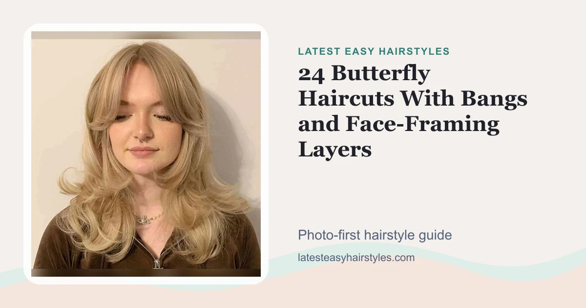 24 Butterfly Haircuts With Bangs and Face-Framing Layers social preview with a real hairstyle photo