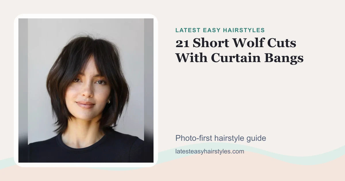 21 Short Wolf Cuts With Curtain Bangs social preview with a real hairstyle photo