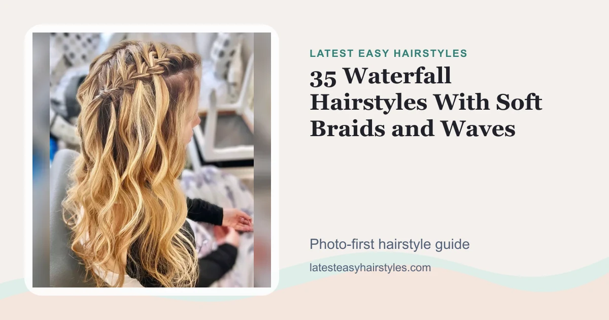 35 Waterfall Hairstyles With Soft Braids and Waves social preview with a real hairstyle photo