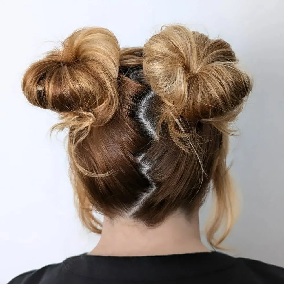 shoulder straight brunette bun shown as a space buns idea