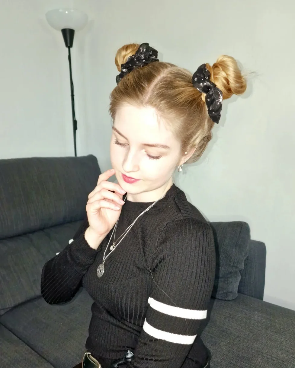 shoulder straight red bun shown as a space buns idea