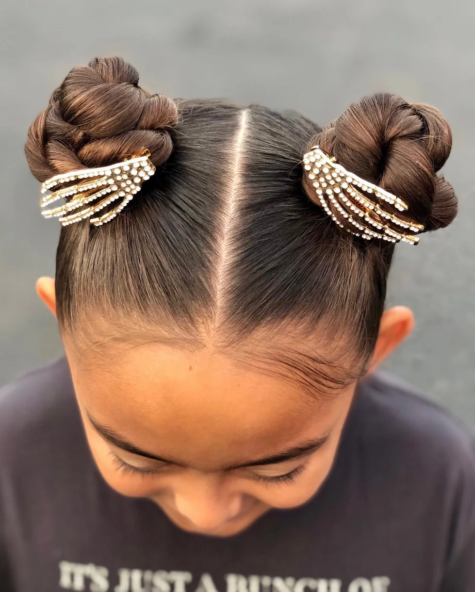 shoulder straight chestnut space buns shown as a space buns idea, featuring straight texture