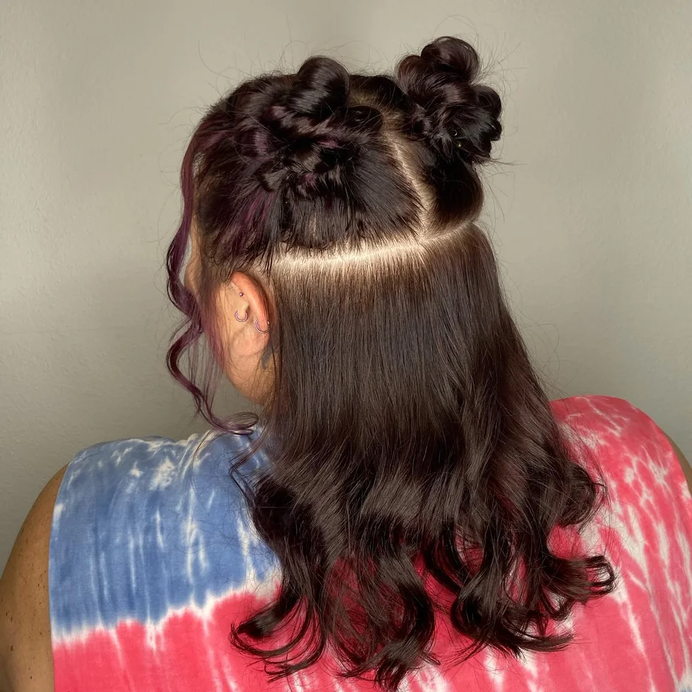 shoulder straight chestnut half up space buns shown as a space buns idea