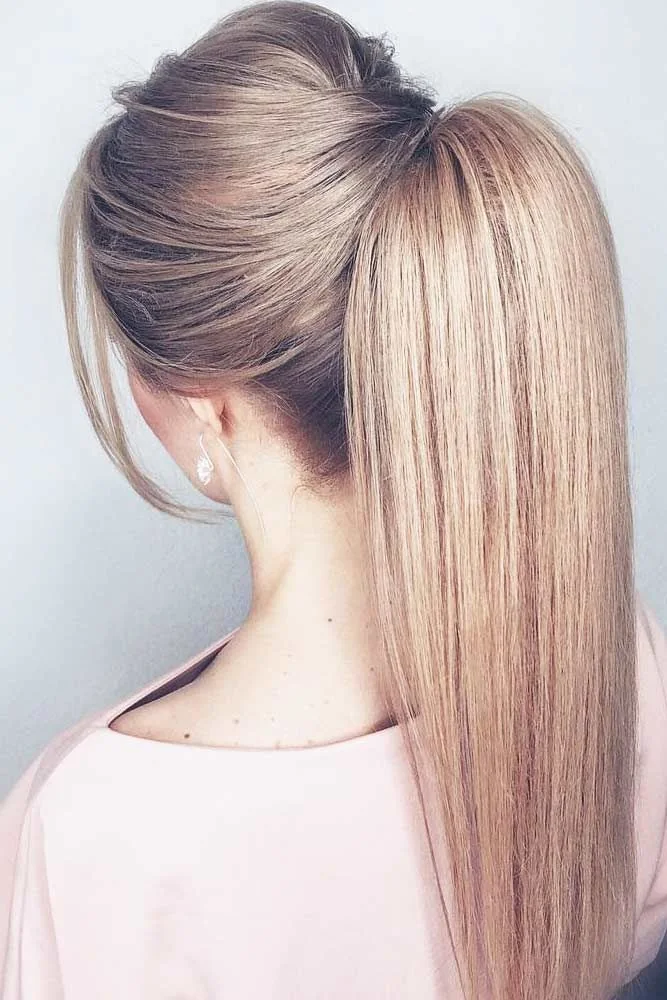 Back-side view of a straight high ponytail with a smoothly swept crown