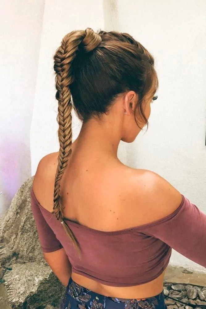 Back-side view of a high ponytail continuing into a long narrow fishtail braid