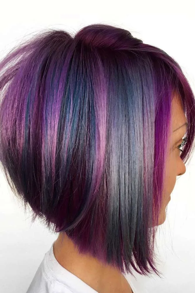 Side view of a purple bob with a short back and long straight front panel