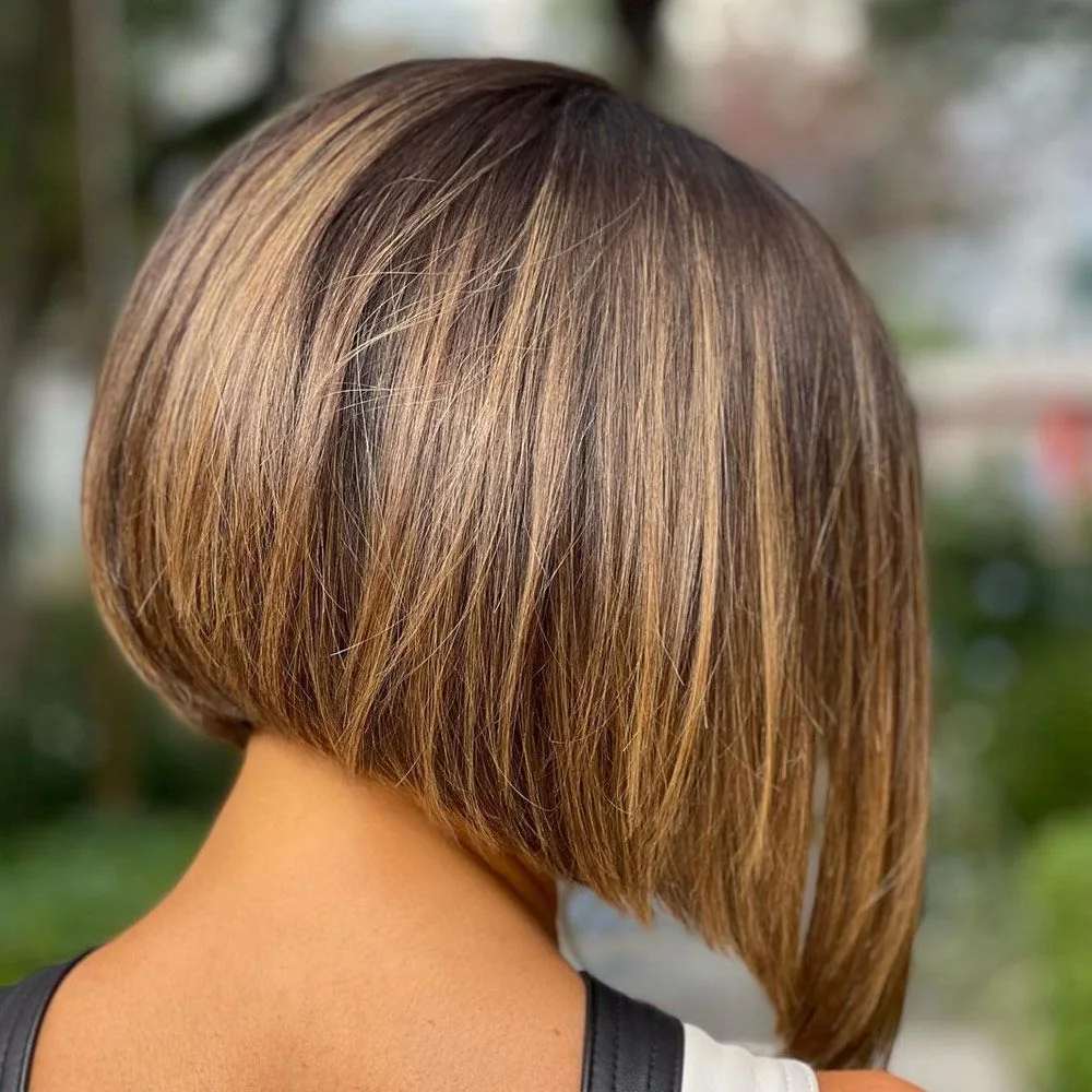 Back-side view of a smooth brown bob with subtle highlights and a compact rounded back