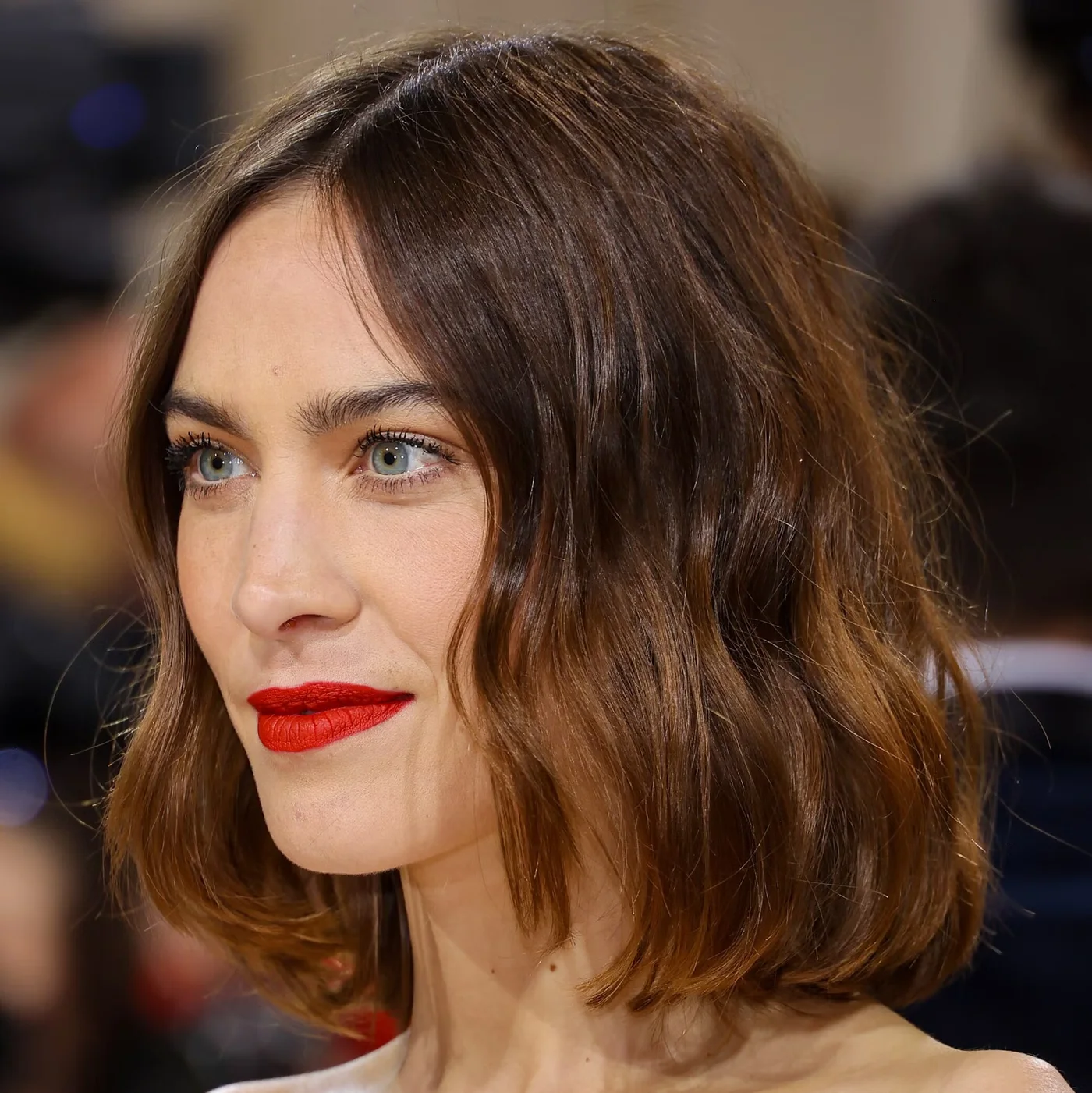 chin straight chestnut bob shown as a textured bob for thin hair idea