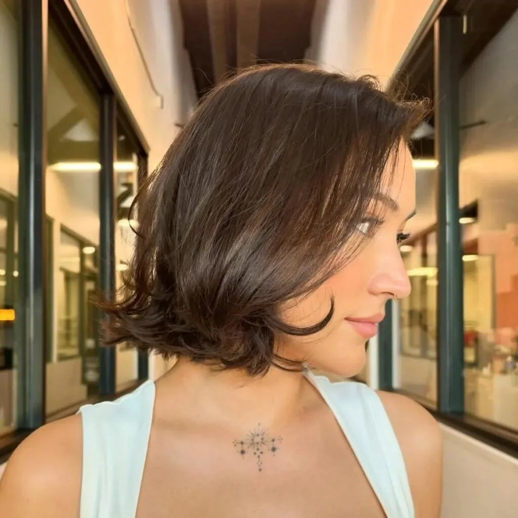 chin wavy chestnut bob shown as a thin hair bob idea, featuring wavy texture