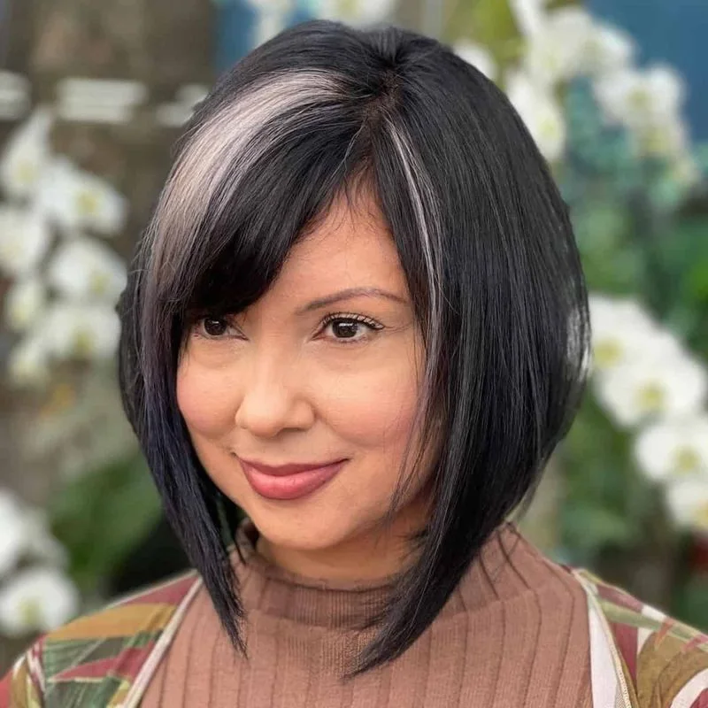chin straight golden bob with side swept fringe shown as a thin hairstyles round face idea, featuring side swept fringe