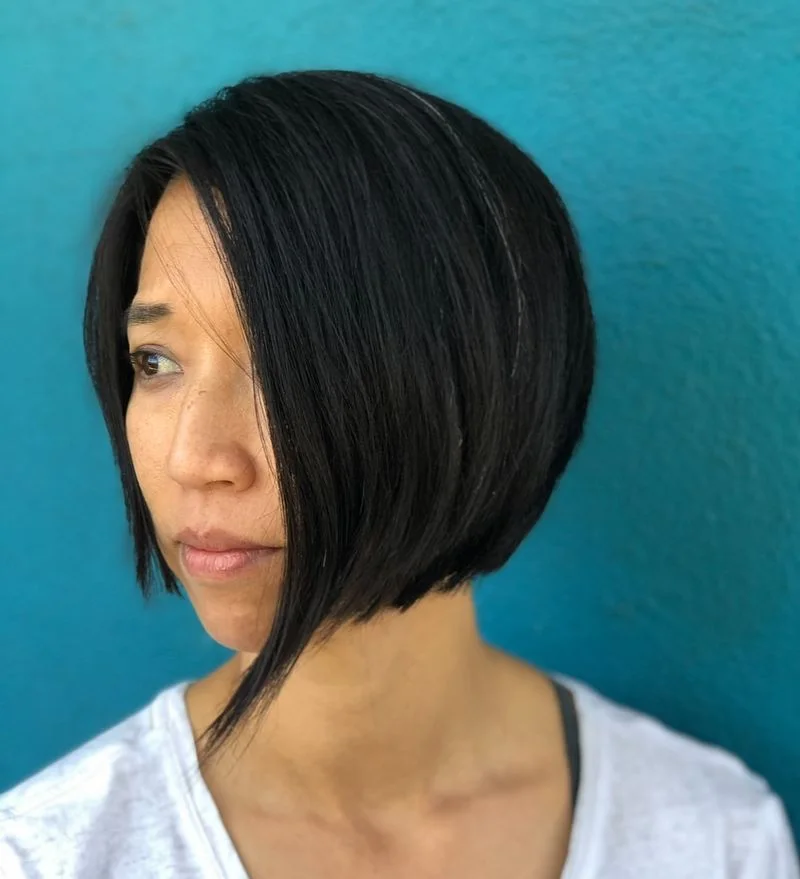 chin straight golden bob with side swept fringe shown as a thin hairstyles with bangs idea, featuring side part