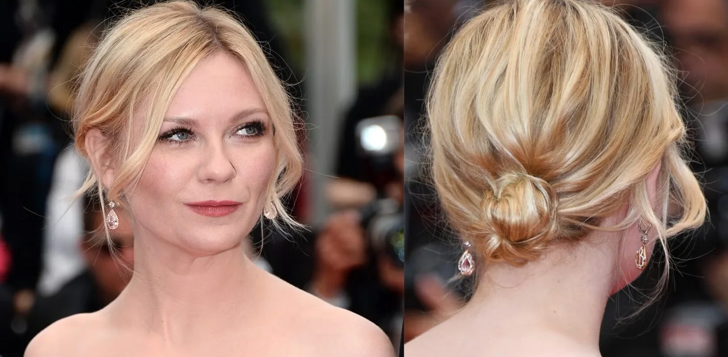 loose blonde low updo with blonde wavy hair styled as an updo for fine thin hair