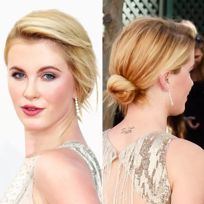 classic low bun with side sweep with blonde straight hair styled as an updo for fine thin hair